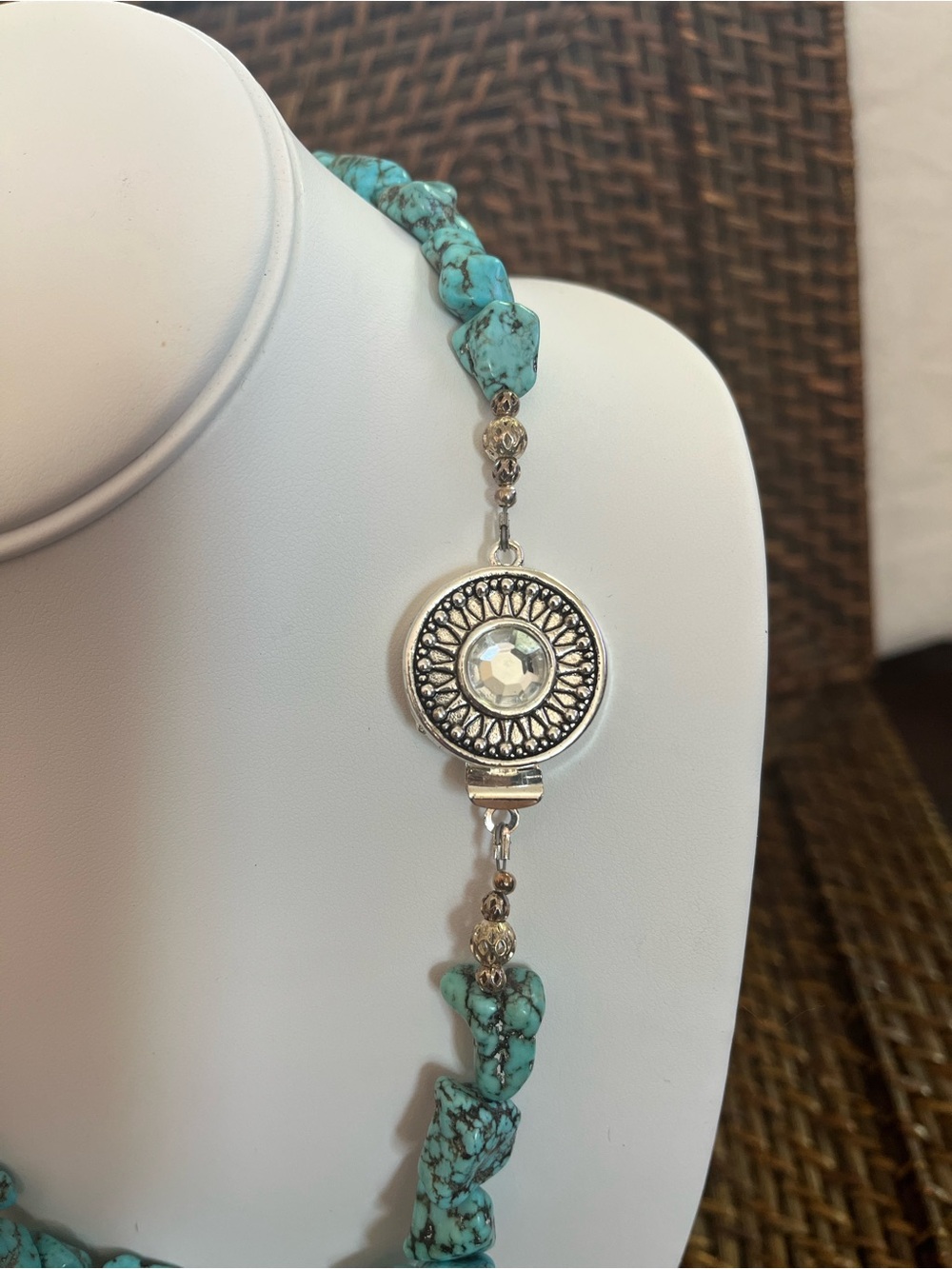 Turquoise Beaded Necklace with Silver Medallion
